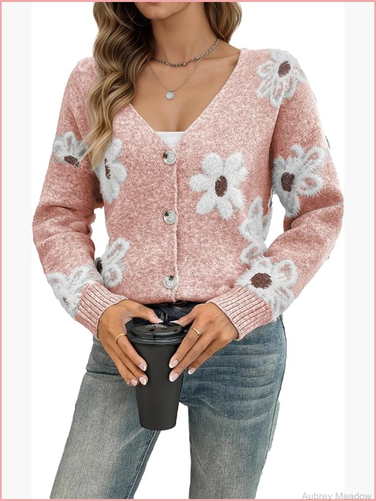Long Sleeve V-Neck Button Down Floral Cardigan Open Front Knit Sweater